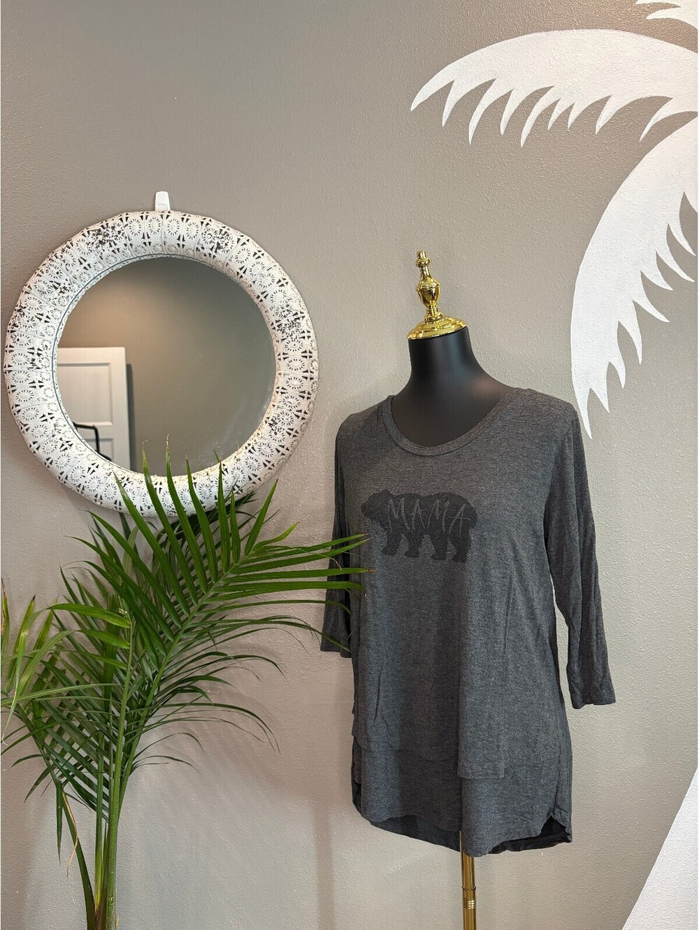 Gray Long Sleeve Bear Graphic T-Shirt
